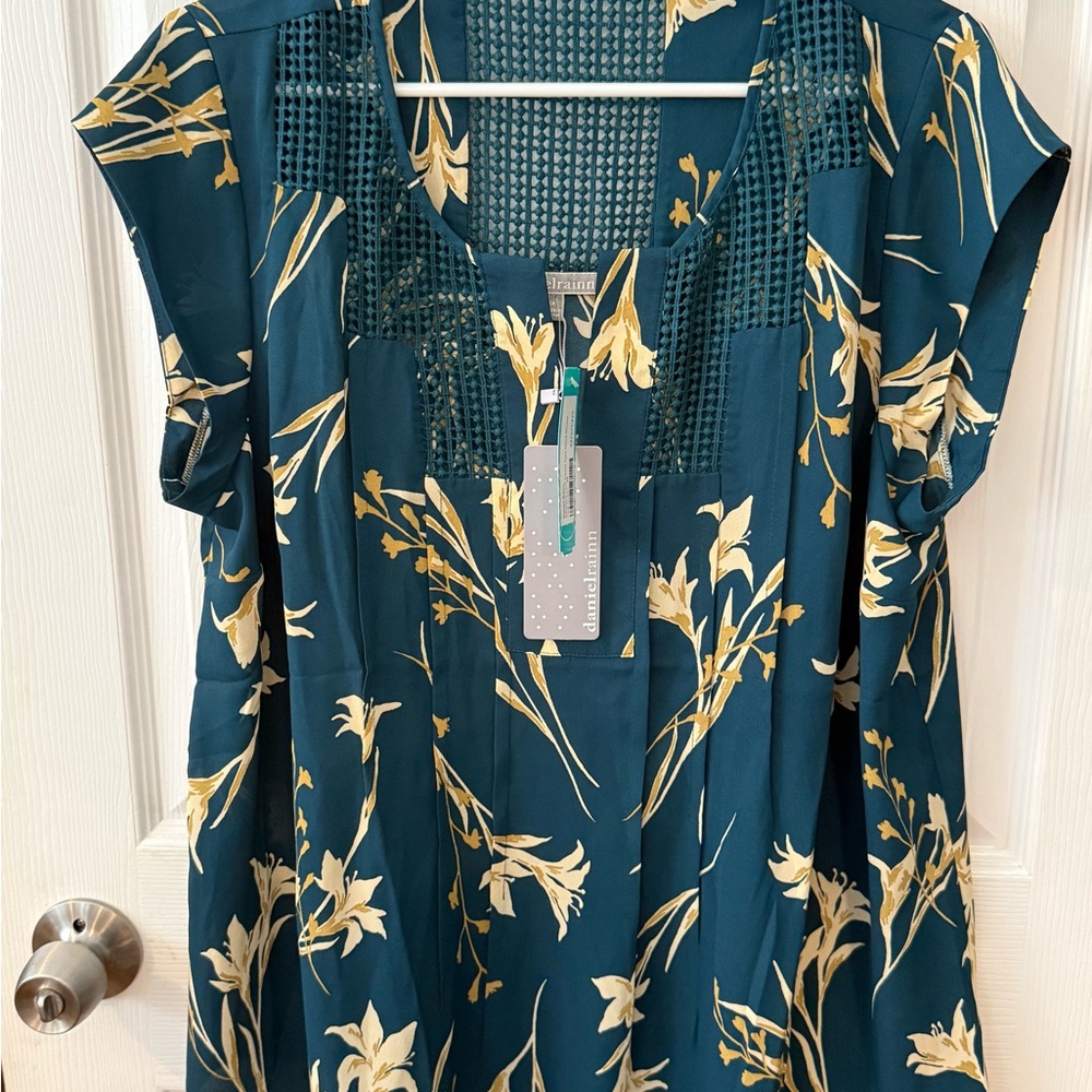 Daniel Rainn Teal and Gold Floral Blouse